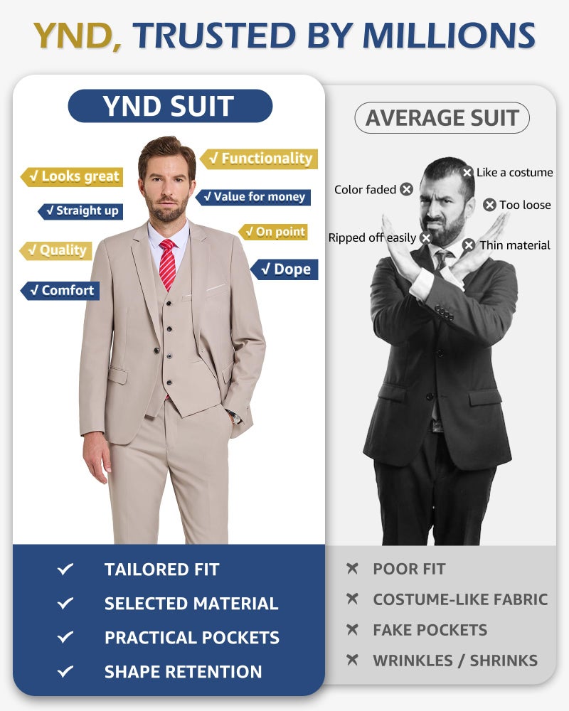 YND Men's Slim Fit 3 Piece Suit, One Button Jacket Vest Pants Set with Tie, Solid Party Wedding Dress Blazer, Tux Waistcoat and Trousers Khaki - Image 5